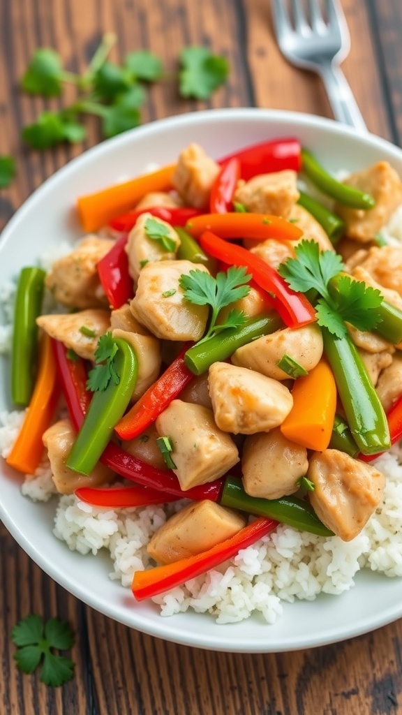 Lemongrass Chicken Stir-Fry Recipe Lemongrass chicken stir-fry with bell peppers and snap peas on rice, garnished with cilantro.
